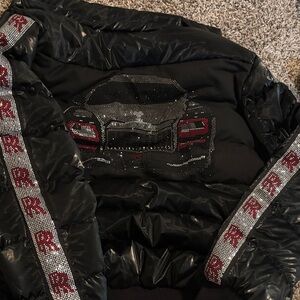 Black Puffer Jacket with Embellished Design